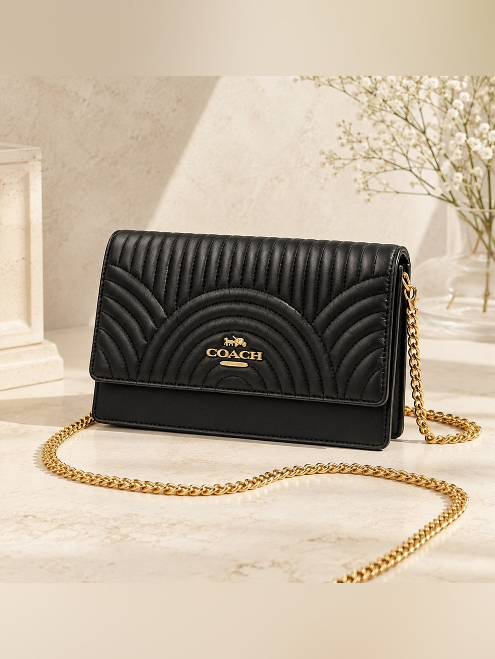 Coach Black Quilted Leather Wallet on Chain Crossbody Bag Gold Hardware